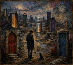 Across a rocky twilight landscape, scattered doors rise like mysterious monuments beneath an antique clock. A lonely man and black cat pause among red, blue, green, and purple entrances, some glowing warmly and others sealed. The distant horizon suggests hope, while the restless terrain captures longing, uncertainty, and time slipping away.