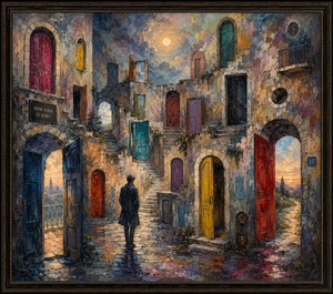 A wandering figure crosses a vivid Mediterranean-style maze filled with arched doors, twisting stairs, bright walls, and distant openings. Red, yellow, blue, and turquoise entrances lead toward sunsets, balconies, and unknown paths. Rich impasto textures create a dreamlike world of emotional choices, isolation, expectation, and the search for belonging.