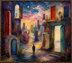 Beneath a radiant painted sunset, a lone figure stands among countless floating and freestanding doors stretching toward the horizon. Open portals reveal bright skies, water, and distant cities, while closed doors guard unknown futures. Saturated colors, dramatic scale, and heavy texture transform longing and indecision into a luminous dreamscape.