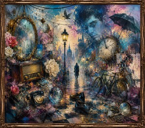 A rain-soaked city dream merges mirrors, roses, clocks, radios, bicycles, shoes, and telephones beneath glowing streetlamps. A solitary figure disappears into the mist while a ghostly face watches overhead. Bright blues, golds, and pinks dissolve through murky textures, expressing longing, isolation, memory, and unanswered desire.