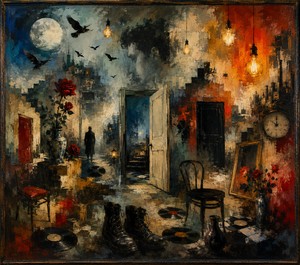 Open doors, hanging bulbs, scattered records, worn boots, empty chairs, roses, and distant birds form a mysterious interior suspended between night and firelight. A shadowed figure waits beyond the doorway while a faded face emerges through smoke. Rich painted textures capture uncertainty, loneliness, and the restless passage of time.
