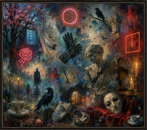 Floating gloves, antique keys, broken statues, ravens, masks, candles, teacups, and neon symbols gather inside a haunting dreamscape. A lonely traveler walks beneath distant lamps as cracked faces and empty cages suggest emotional confinement. Bright crimson and blue highlights struggle through darkness, creating a strange vision of yearning and release.