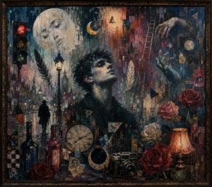 A young man gazes upward among floating hands, feathers, clocks, bottles, cameras, ladders, roses, moon faces, and glowing streetlamps. Behind him, a solitary figure walks through a rainy city. Fragmented shapes and murky painted transitions blend desire, hesitation, vulnerability, and the exhausting question of when belonging will finally arrive.