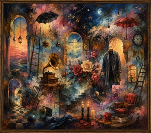 Umbrellas, ladders, candles, roses, chairs, clocks, windows, stars, and an antique gramophone drift through a luminous architectural dream. An empty coat hangs like the memory of someone absent, while open arches reveal distant skies. Warm gold, blue, and crimson textures express romantic hope surrounded by uncertainty, silence, and waiting.