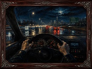 Rain glitters across a midnight highway as the driver grips the wheel beneath glowing gauges. Headlights, red taillights, and city towers stretch into hypnotic reflections. The rosewood frame, silver inlay, and intricate corners reinforce a tense, controlled journey shaped by motion, obsession, solitude, and nocturnal momentum.