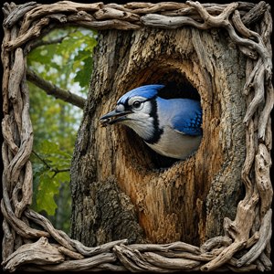 Framed in tangled driftwood, a vigilant Canadian blue jay emerges from a weathered tree hollow, insect held delicately in her beak. Rich bark textures, luminous feathers, and softly blurred woodland greens create striking realism. This captivating wildlife painting celebrates alertness, survival, and the untamed beauty of nature found nearby.