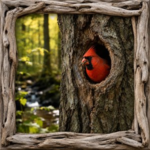 Beautifully framed by weathered driftwood, a vivid red cardinal peers from a rugged tree hollow, clutching a small insect in its beak. Warm woodland light filters through the softly blurred forest and stream behind it, while richly textured bark, natural wood grain, and alert movement create an intimate wildlife moment.