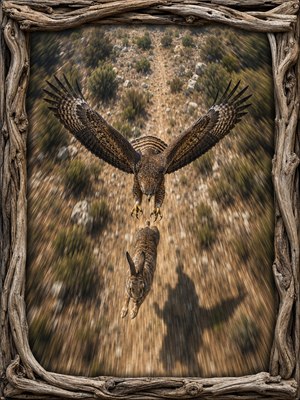 Experience the raw drama of nature in motion. A powerful hawk dives toward a fleeing rabbit, wings spread and talons ready, while the earth streaks beneath them. A rugged driftwood frame completes this striking wildlife portrait, blending speed, tension, realism, and rustic wilderness character into one unforgettable scene for collectors.