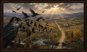 From a ravens commanding perch, a winding country road descends through golden farmland toward a sparkling creek and rustic bridge. Dense flocks gather along weathered hydro poles, while others launch into glowing skies. Dramatic sunbeams, autumn colour, rolling hills, and a rich dark-oak frame create timeless rural grandeur and mystery.