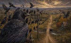 From a ravens watchful perch, a sweeping farm-country valley unfolds beneath dramatic golden skies. Dozens of ravens gather along weathered hydro lines, landing, lifting, resting, and calling above a winding dirt road, rustic barns, and a creek crossing. A richly textured celebration of rural mystery, movement, and untamed character beauty.