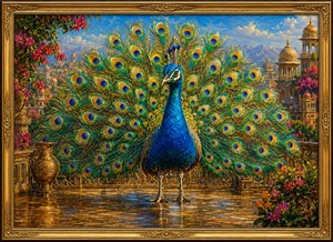 A magnificent peacock commands attention within an elegant golden frame, displaying a radiant fan of jewel-toned feathers. Metallic blues, emeralds, golds, violets, and fiery accents shimmer across a sunlit Indian palace terrace, while intricate architecture, mountain views, and blooming gardens create a luxurious celebration of color, beauty, wonder, and splendor.