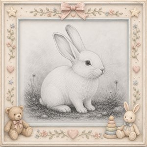 A gentle charcoal portrait captures a bright-eyed white bunny resting among soft meadow flowers and stones. The artwork is surrounded by a charming nursery frame decorated with pastel bows, hearts, stars, blossoms, a teddy bear, stacking rings, and a toy rabbit, creating a warm, timeless piece for a childs room.