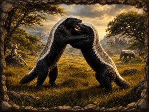 Two honey badgers clash upright in a golden meadow, jaws locked and claws braced beneath a glowing fantasy sky. A distant female watches from the right, while a tiny mouse waves from a rock on the left. Rugged stone framing surrounds the dramatic wildlife battle with warm painterly detail throughout.