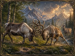 Two powerful reindeer bucks clash in a glowing alpine meadow, antlers locked in fierce combat as a watchful female stands nearby. Dust rises around their hooves while a tiny mouse races across the foreground. Snowy peaks, golden clouds, forest shadows, and a rustic frame create a vivid fantasy wildlife painting.