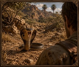 A detailed painting shows the observers right shoulder as a hooded cobra rises from sun-baked desert scrub, fangs bared and drool catching the light. Rocky palms, dry grasses, and distant cliffs frame the tense standoff. A tiny mouse watches comically from a background rock inside an ornate, carved border frame.