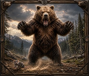 Powerful and cinematic, this fierce grizzly rises from a stormy mountain wilderness, claws extended, fangs exposed, and eyes locked on the viewer. Rich forest detail, rushing water, rugged peaks, and a carved rustic frame create a dramatic wildlife poster full of danger, strength, and raw wilderness energy for collectors everywhere.