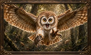A fierce owl bursts through a shadowed woodland, wings fully spread and golden eyes locked on the viewer. Its open beak, extended talons, and struggling mouse create dramatic predator action. Mossy trees, ferns, stream light, and ornate framing give this wildlife canvas rich depth, tension, and handcrafted gallery appeal presence.