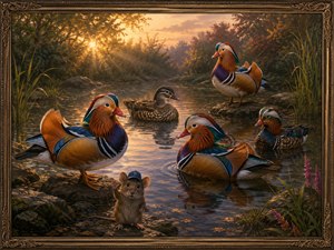 At dusk, five vivid Mandarin ducks gather around a still, reflective woodland pool, their varied plumage glowing under soft sun rays. Reeds, stones, flowers, and golden ripples create quiet depth. In the foreground, a smiling mouse in a baseball cap waves warmly, framed by ornate elegance and natures calm beauty.