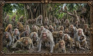 Dozens of watchful macaques gather across ancient temple stones in a lush tropical Indian garden. Sunlit palms, dense jungle foliage, and carved shrine architecture surround the troop, each monkey posed with lifelike curiosity toward the observer. An ornate gold frame adds ceremonial elegance, turning the scene into a wildlife tableau.