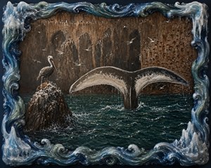 A dramatic whale-tail seascape bursts with ocean energy, towering cliffs, busy seabirds, and a proud pelican guarding a guano-speckled rock. The blue, green, and white wax frame rolls like frozen waves, with iceberg corners sparkling around every edge. Wild, whimsical, textured, and wonderfully collectible, this painting feels alive with adventure.