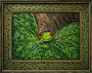 Bright, playful, and gallery-ready, this cheerful frog artwork beams with personality! Vivid orange eyes, lush painted leaves, and bold brush textures create a joyful jungle moment. The elegant ivory beveled frame with glowing gold inlay adds luxury, making this piece perfect for brightening any nursery, studio, or happy home today.