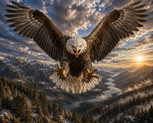 A fierce bald eagle dives toward the observer, wings fully spread and talons reaching through mountain air. Its open beak and piercing eyes create a predator charge above snowy peaks, pine forests, winding rivers, and glowing storm-lit clouds. The wide cinematic view feels powerful, wild, and sharply detailed throughout, dramatic.