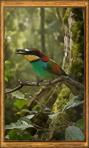 A vivid wax-style hand painting shows a colorful bee-eater perched on a forest branch, its beak open as it catches a small fly. Rich greens, rust reds, teal feathers, and a glowing red eye stand out against soft woodland foliage. A textured decorative frame completes the natural wildlife presentation.