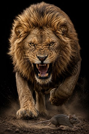 This dramatic wildlife portrait captures a powerful male lion advancing through golden savannah light, framed in ornate dark wood and gold. His intense amber stare, sweeping mane, and muscular stride create a regal centerpiece for galleries, posters, and promotional artwork celebrating courage, strength, wilderness, and timeless natural majesty, beauty forever.