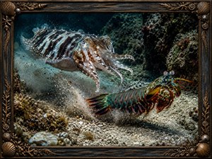 An ultra-detailed underwater scene shows a cuttlefish displaying aggressive banding patterns while lunging across a sandy reef floor. Opposite it, a mantis shrimp escapes backward, using tail-like flapping motion similar to a lobster, kicking up sediment. Coral, particles, and dramatic lighting enhance realism, all enclosed in an ornate decorative frame.
