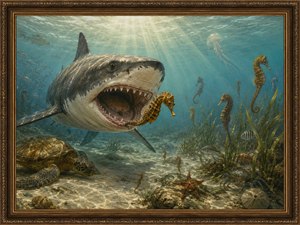 A dramatic underwater painting captures a great shark lunging toward a fleeing golden seahorse in sunlit shallows. Seahorses, jellyfish, fish, turtle, starfish, and reef life surround the chase. Soft rays, sandy bottom, sea grass, and an ornate antique frame create a vivid, storybook ocean scene full of motion and suspense.