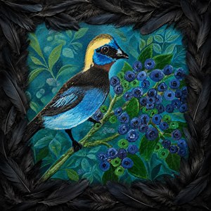 A vibrant hand painted bird rests beside rich berry clusters, framed in detailed abstract wicker that adds warmth and natural charm. The blue background, textured brushwork, and woven artisan border create a fresh, inviting gallery piece, perfect for nurseries, kitchens, studios, cottages, or collectors who love nature inspired original artwork.
