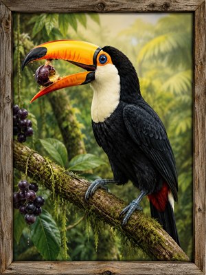 A vibrant toucan perches proudly on a mossy jungle branch, its brilliant yellow-orange beak opened around ripe purple fruit. Lush tropical leaves, hanging berries, soft rainforest light, and realistic feather detail create rich wildlife charm. A rustic barn-wood frame adds handcrafted warmth, turning the scene into a vivid collectors painting.