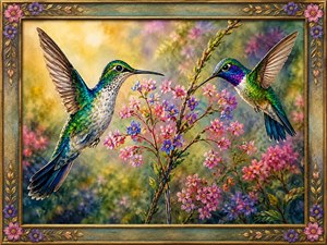 Two vibrant hummingbirds hover in a lush garden, facing each other around delicate pink and purple blossoms. Jewel-toned feathers shimmer with turquoise, emerald, blue, and violet detail. A soft golden background adds warmth and depth, while the ornate floral frame completes the painting with elegant decorative charm.