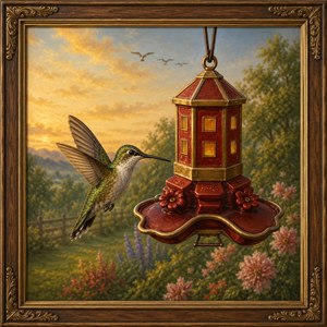 A vivid hand-painted hummingbird hovers beside an ornate red and gold feeder, glowing in warm garden sunlight. Detailed feathers, polished feeder accents, blooming flowers, distant birds, and a soft pastoral background create a peaceful nature scene. The rich wooden frame adds elegance, making the artwork feel timeless and collectible.