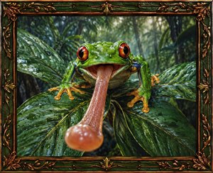 A vivid rainforest frog bursts forward from glossy tropical leaves, staring directly at the viewer with fiery orange eyes. Its slick tongue shoots outward in dramatic perspective, creating a bold sense of motion and surprise. The ornate green-and-gold botanical frame adds elegance, turning the scene into a striking fantasy wildlife portrait.