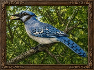 A vivid blue jay pauses on a textured woodland branch, clutching a golden nut beneath lush green foliage. Realistic feather detail, bright eyes, carved bark, and sunlit leaves create lively depth. The rustic carved wooden frame adds gallery charm, making this nature painting a striking keepsake for bird lovers everywhere.