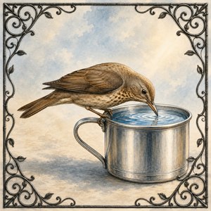 Delicate and serene, this hand-painted songbird pauses at a silver cup, sipping light blue water beneath warm northeast light. Fine feather detail, reflective metal, soft shadows, and an ornate wrought-iron vine frame create a charming nature portrait, perfect for gallery decor, greeting art, or collectible wildlife-inspired display with timeless appeal.