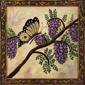 This enchanting butterfly painting bursts with botanical beauty, featuring rich purple blossoms, lush green leaves, and a graceful hand-painted butterfly resting on a flowing branch. The ornate carved frame with gold vine accents and floral details gives the artwork a premium vintage finish, perfect for brightening any room.
