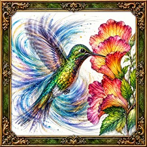 A radiant hummingbird bursts through swirling motion, shimmering with jewel toned feathers as it reaches vibrant trumpet flowers. Ornate green and gold framing adds gallery elegance, while energetic brushwork suggests speed, wind, and wonder. A lively hand painted showcase, perfect for nature lovers, collectors, and bright statement decor displays today.