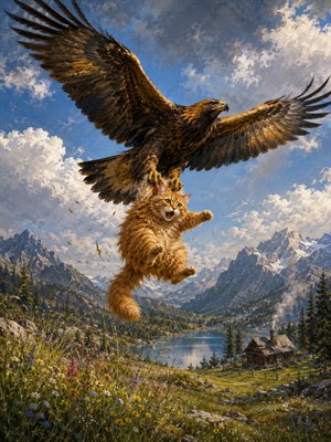 A dramatic wilderness painting shows a powerful golden eagle soaring above an open meadow, its wide wings glowing with rich brown and gold detail. Below, a large fluffy orange cat hangs suspended in the eagles talons, surprised and animated. Mountains, a calm lake, wildflowers, pine trees, and a smoking cabin complete the cinematic scene.