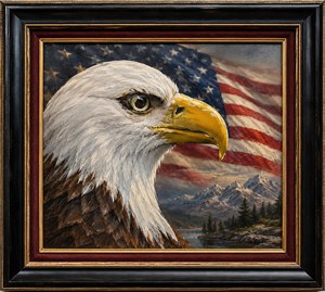 Command attention with this hand painted bald eagle portrait, set inside a shiny chrome artisan frame. Bold brushwork, a deep dark background, and a piercing golden eye create strength, focus, and timeless character. A striking gallery piece for homes, offices, studios, or collectors who appreciate wildlife, craftsmanship, and original art.