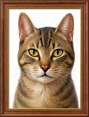 Meet this glossy tabby masterpiece, dressed in warm stripes, golden eyes, and whiskers full of mischief. The clean white background makes every playful detail pop, while the polished wooden frame adds gallery charm. Bright, bold, and curious, this cat looks ready to judge your snacks with royal approval again today.