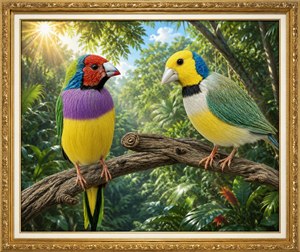 Experience a dazzling tropical masterpiece, where two jewel toned finches perch in radiant jungle sunlight. Lush foliage, lifelike feathers, warm sun rays, and an ornate clear glass frame with gold inlay create gallery level elegance. This vibrant artwork brings luxury, nature, color, and peaceful exotic beauty to any room instantly.