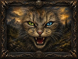 Exaggerated Predator Cat bursts forward in fierce hand-painted detail, glaring with one electric green eye and one icy blue. Its open jaws reveal sharp teeth, framed by wild fur, storm-lit mountains, and gothic carved trim. Dark wood, bronze claws, and a paw medallion create a dramatic collector-piece gallery showcase masterpiece.