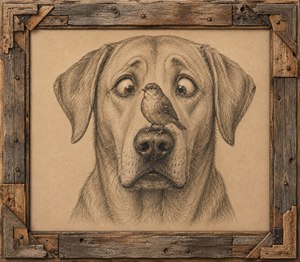 An exquisitely detailed graphite sketch captures a wonderfully confused dog frozen in comic disbelief as a tiny bird proudly perches on his nose. Rich shading, soulful eyes, textured fur, and a rugged old wood collage frame create irresistible charm, depth, and gallery-ready personality for any joyful art collection today forever.