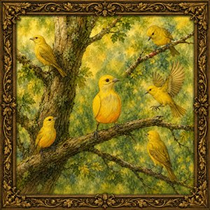 A radiant woodland masterpiece bursts with golden songbirds perched among sunlit branches, framed by ornate carved vines, leaves, and acorns. Warm watercolor tones, rich bark texture, and lively bird poses create cheerful depth and charm. This enchanting framed painting feels collectible, joyful, handcrafted, and ready to brighten any room.
