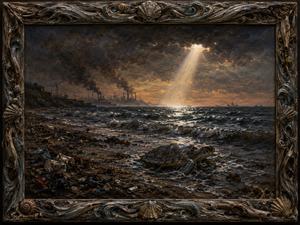 A lone sea turtle struggles through polluted surf while factories darken the distant horizon. Plastic, debris, and tangled seaweed cover the shoreline, yet one brilliant shaft of sunlight reaches the restless water. The shell-and-driftwood frame strengthens this haunting reminder of the oceans suffering and its fragile hope for survival.