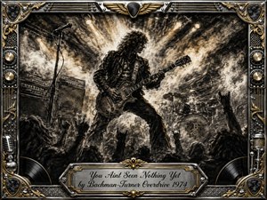 A charismatic guitarist commands a smoky 1970s rock stage, surrounded by amplifiers, drums, microphones, and raised crowd silhouettes. Deep feathered charcoal textures create gritty movement, while warm gold and sepia spotlights burst through darkness. An ornate chrome-and-gold musical frame, vinyl details, knobs, strings, and an engraved title plate complete the dramatic composition.