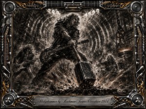 A fierce rock guitarist drives a massive sledgehammer into a shattered stage amid sparks, smoke, and industrial wreckage, flanked by bassist and drummer. Deep charcoal textures, blackened steel, warm bronze accents, and harsh concert lighting create an explosive mood. An ornate chrome-and-gold instrument frame surrounds the dramatic composition.