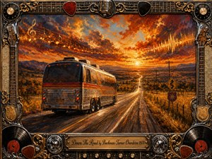 A weathered tour bus travels down a long rural highway toward a blazing sunset beneath dramatic orange, gold, and charcoal clouds. Richly textured oil-paint styling gives the scene nostalgic warmth and restless momentum. Musical notes glow across the sky, while an ornate chrome-and-gold instrument frame, vinyl records, picks, and engraved title plate complete the composition.